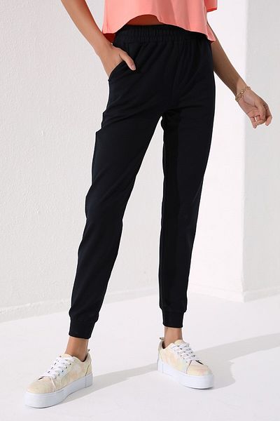 TOMMY LIFE Jogger cu talie înaltă albastru bleumarin, formă confortabilă, pantaloni de trening pentru femei, cu manșete - 94561