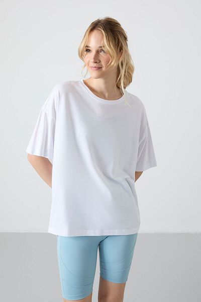 TOMMY LIFE Oversize White Modal T-Shirt - Soft Button, Basic Women's Look - 97285