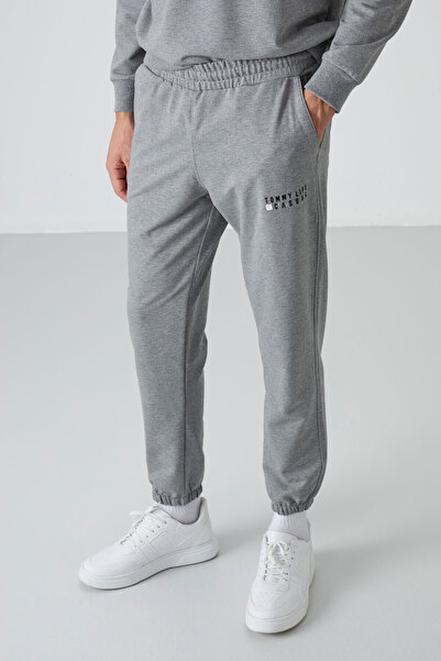 TOMMY LIFE Men's Oversize Cotton Tracksuit Set - Gray Melange, O Neck, Rubberized Leg - 85120