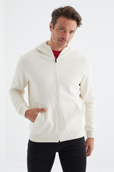 TOMMY LIFE Ανδρικό φούτερ με φερμουάρ Ecru Basic Hooded Comfortable Form με λεπτομέρεια κεντήματος - 88035