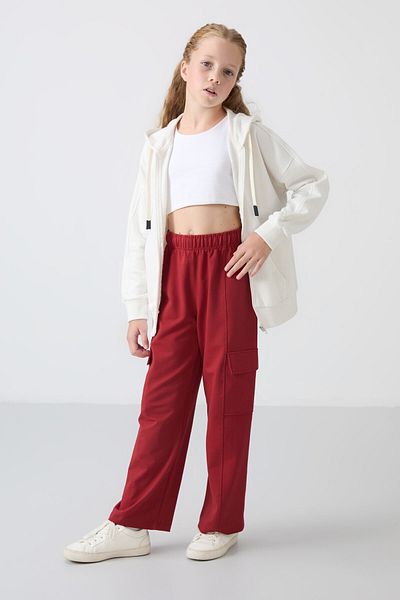 TOMMY LIFE Girl's Dark Red Wide Leg Sweatpants - Pocketed and Front Stitching Detail - 75143