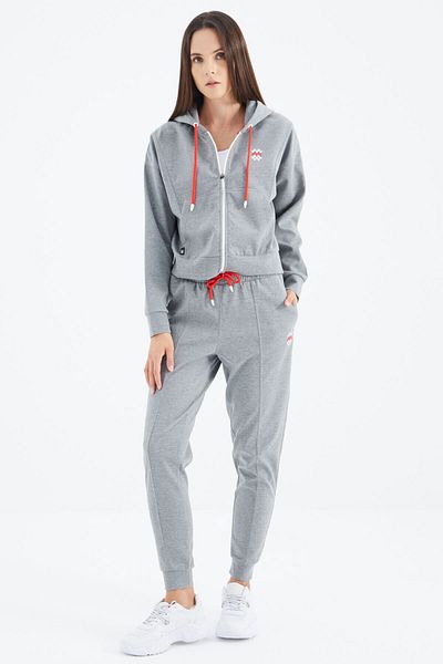TOMMY LIFE Oversize Gray Melange Women's Tracksuit Set - Hooded, Zippered and Pocket Detailed - 95322