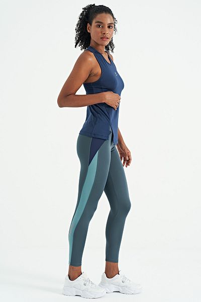 TOMMY LIFE Forest Green Stripe Detailed High Waist Slim Fit Women's Leggings - 94636