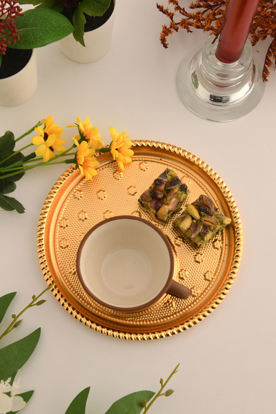 AKSESUAR EVRENİ Taval Yuvarlak Desenli Çay Ve Kahve Keyif Sunum Tepsisi Gold 1 Adet