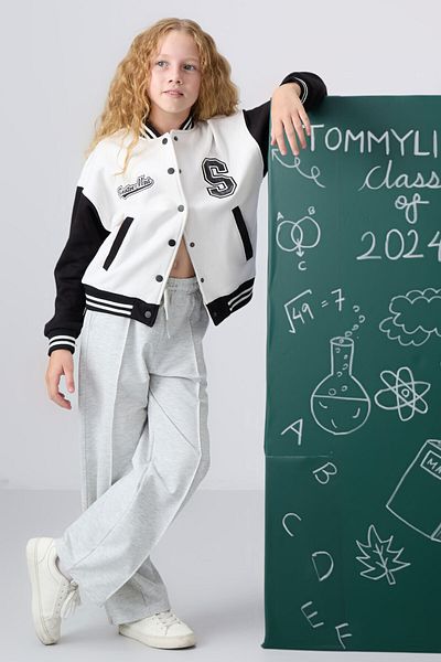 TOMMY LIFE بنطال رياضي بناتي واسع الساق وخياطة أمامية بتفاصيل مزيج الثلج -75144