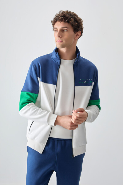 TOMMY LIFE Ekru - İndigo Dik Yaka Renk Geçişli İçi Polarlı Erkek Eşofman Takımı - 85186