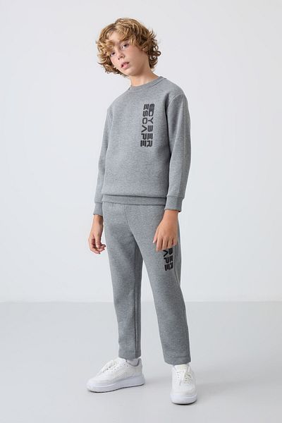 TOMMY LIFE Boy's Tracksuit Set - Gray Melange, Cotton, Thick Fur Inside, Soft Texture, Printed -