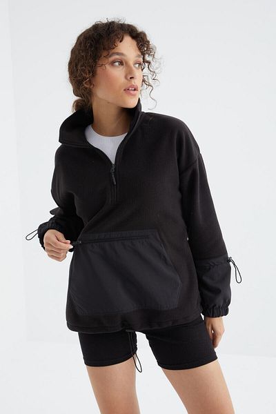 TOMMY LIFE Oversize Black Fleece Sweatshirt - Hem Pleated, Half Zipper - 97238