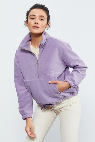 TOMMY LIFE Hanorac supradimensionat din lână pentru femei, mov, cu jumătate de fermoar, cu tiv adunat - 97171