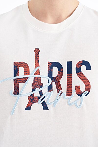 TOMMY LIFE Ανδρικό μπλουζάκι Ecru Text Embroidered O Neck Oversize - 88223