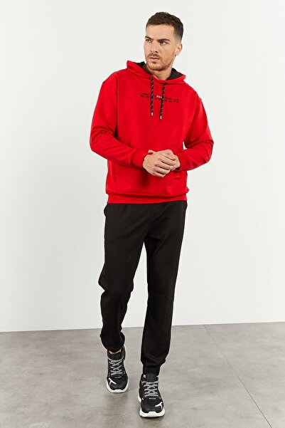 TOMMY LIFE Ανδρικό Σετ αθλητικής φόρμας OverErsizE - ΚΟΚΚΙΝΗ Μαύρη κουκούλα, τσέπη καγκουρό - πόδι από καουτσούκ - 85117