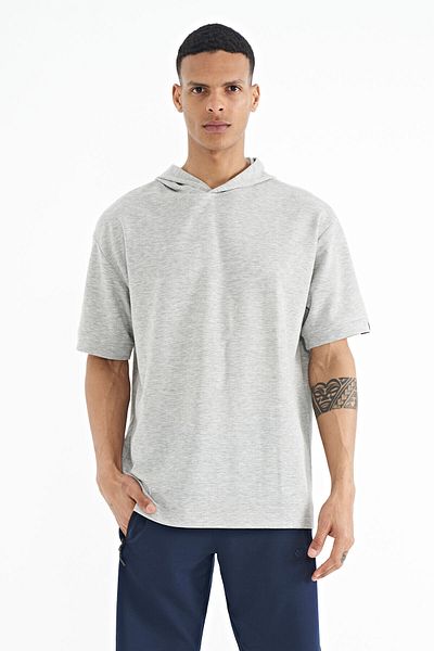 TOMMY LIFE Gray Melange Hooded Oversize Men's T-shirt with Sleeve Label Detail - 88179