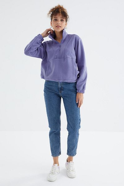 TOMMY LIFE Hanorac oversize din fleece pentru femei, cu jumătate de fermoar, liliac deschis, cu tiv adunat - 97171
