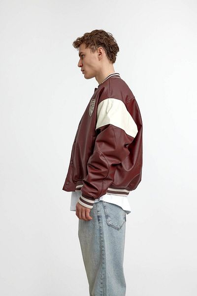 NOMARC Burgundy Embroidered Faux Leather Bomber Jacket