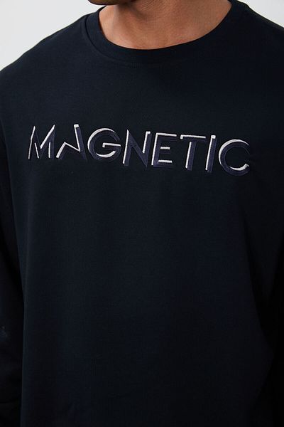 TOMMY LIFE Ανδρικό φούτερ με άνετη φόρμα Navy Blue Text Embroidered O Neck με Fleece - 88020