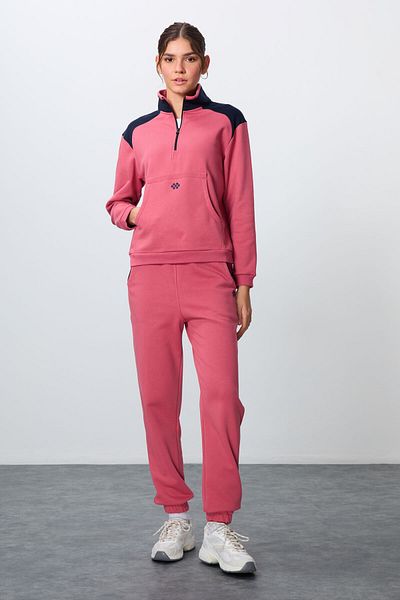 TOMMY LIFE Costum de trening pentru femei, din bumbac compact, cu textura netedă, cu guler ridicat, cu trandafir sălbatic - 95342