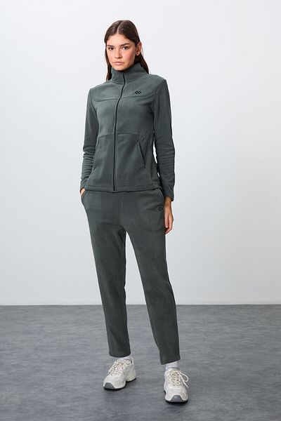 TOMMY LIFE Set de trening pentru femei din fleece brodat supradimensionat kaki - guler vertical, textura moale groasă -95339