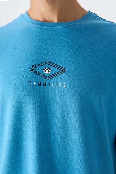 TOMMY LIFE Ανδρικό T-Shirt 88325 μπλε βαμβακερό χοντρό μαλακό υφή Oversize Fit