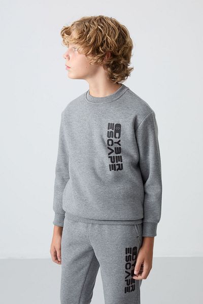 TOMMY LIFE Boy's Tracksuit Set - Gray Melange, Cotton, Thick Fur Inside, Soft Texture, Printed -