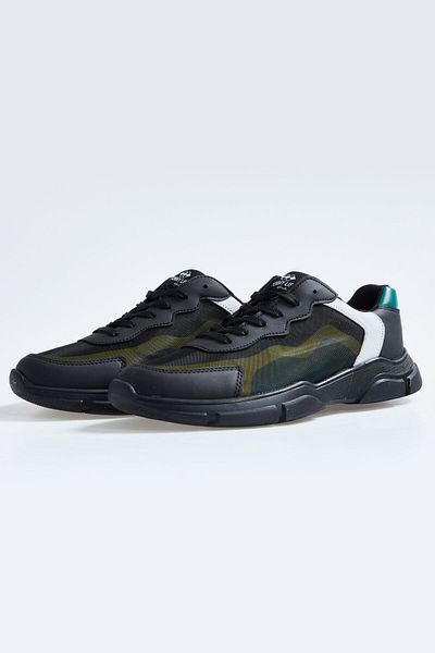 TOMMY LIFE Black Lace Up High Sole Men's Sports Shoes with Faux Leather Detail - 89117