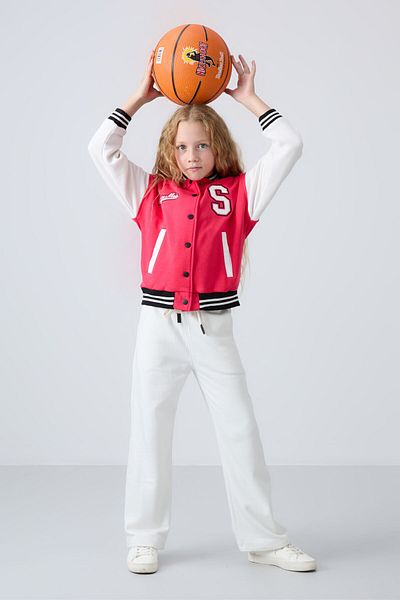 TOMMY LIFE Girl's Varsity Jacket - Red Cotton with Flame Feather Soft Embroidery Standard Fit