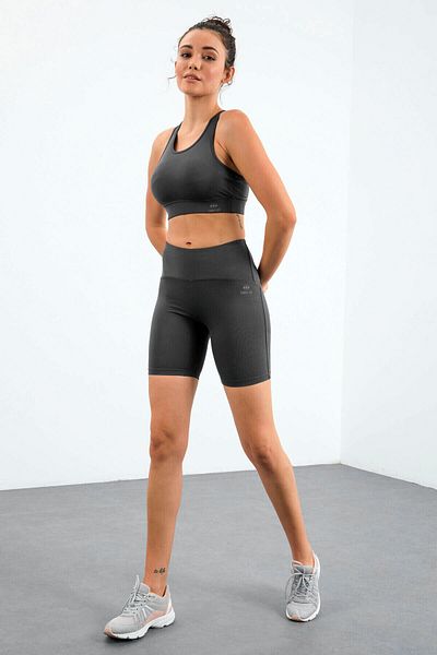 TOMMY LIFE High Waist Recovery Slim Fit Biker Bustier and Leggings Set - Dark Gray 95303