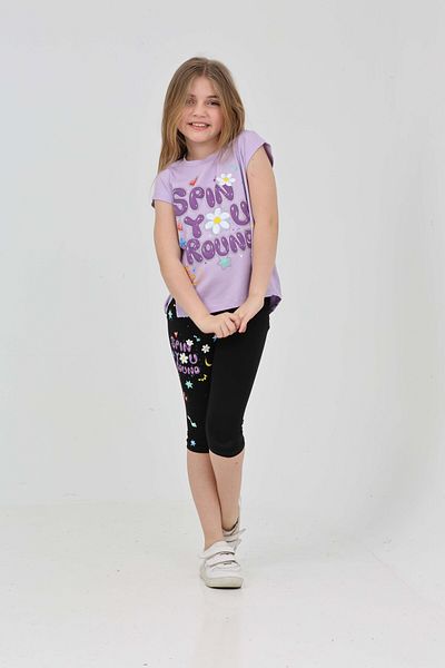 LupiaKids Butterfly Printed Girl's 2-Piece Set - T-Shirt & Leggings - Lilac & Black Summer Comfortable Combination