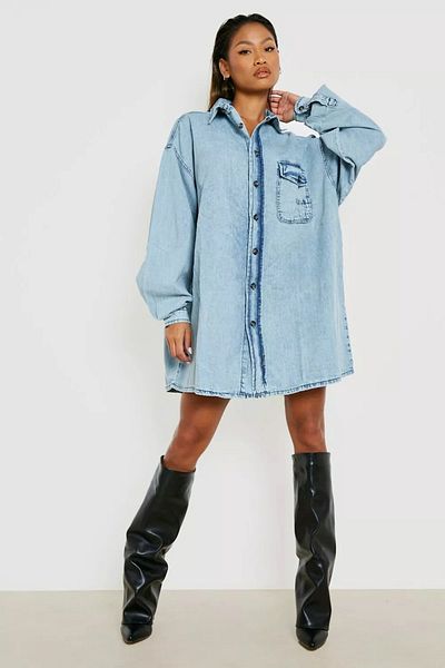 Şans Cămașă de blugi oversize, spălată, albastră, cu buzunare, pentru femei 65N38808