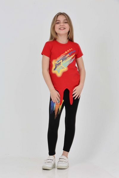 LupiaKids Girl's 2-Piece Set - Asymmetrical T-Shirt & Leggings - Red & Black Summer Combination