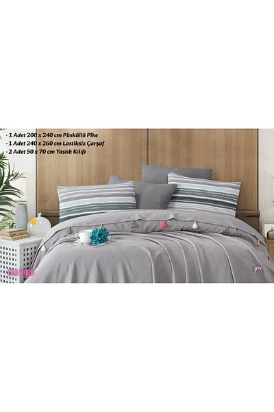 Beğenal Valeria Tassel Gray Colored Double Tasseled Pique Set