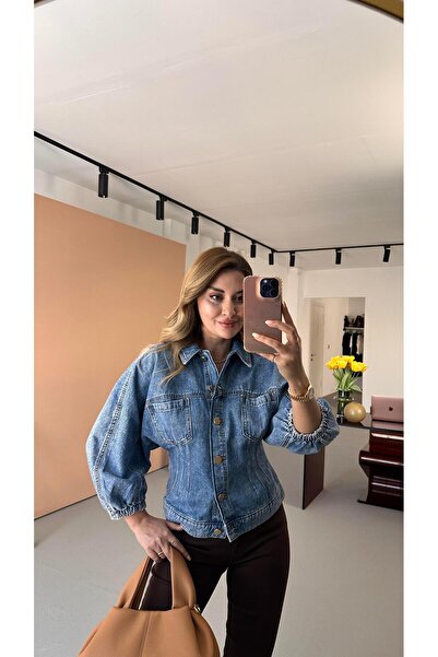 Sezgi Tekin Džínová bunda Premium Series Gold Button Detail Balloon Sleeve