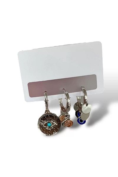 CAŞ DEKORASYON Silver Color Eye Figured Earrings Set of 3