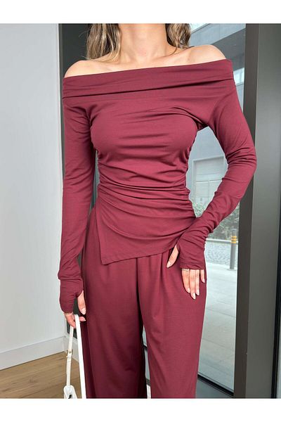modaçelikler Madonna Collar Long Sleeve Blouse High Waist Loose Wide Leg Pants Bord Burgundy Women's Set 25Y140