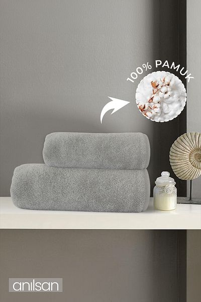 Anılsan Set of 2 Gray Towels 100% Cotton - 1 Hand Towel 50X90 and 1 Bath Towel 70X140