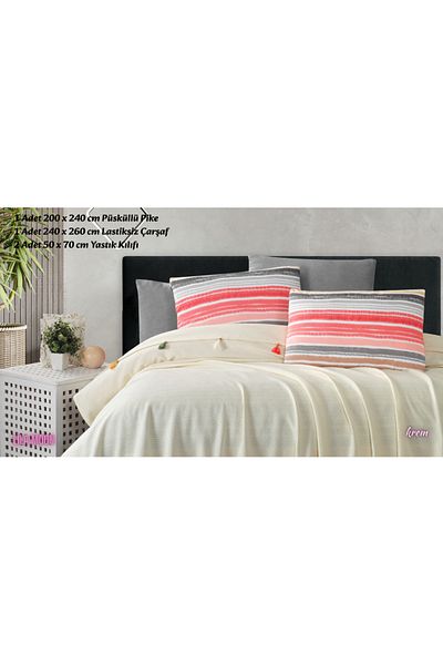 Beğenal Valeria Tassel Cream Colored Double Tasseled Pique Set