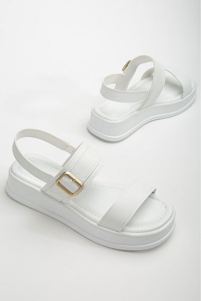 LUCY Shoes Women's White Double-Strapped Buckle Detailed Casual Sandals