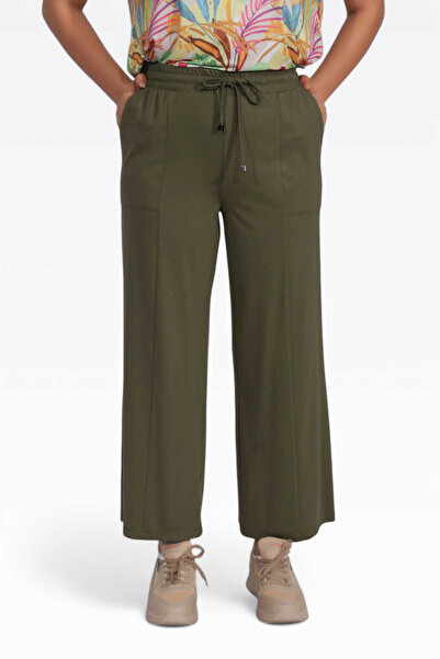 TOLGA SARAÇOĞLU 30195 Khaki Waist Elastic Wide Leg Ankle Length Knitted Trousers