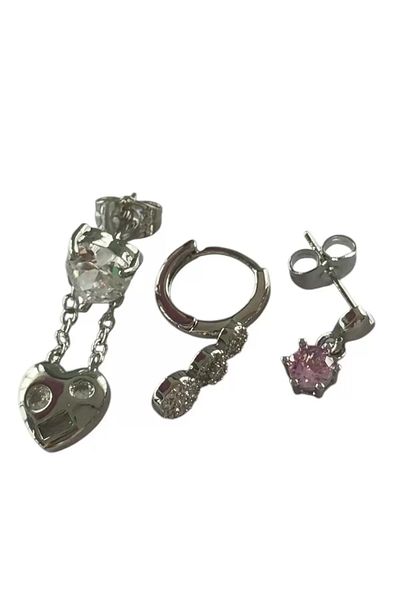 CAŞ DEKORASYON Silver Color Heart Figured Stone 3-Piece Earring Set