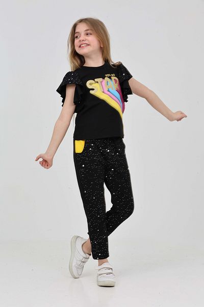 LupiaKids Star Printed Girl's 2-Piece Set - Ruffled Sleeve T-Shirt & Trousers - Black Summer Comfortable Combination