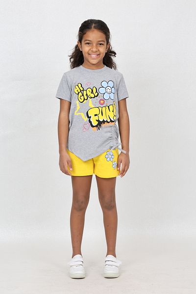 LupiaKids Grey & Yellow Summer Casual Combo:Floral Print Girls 2-Piece Set, Side Tie T-Shirt & Shorts