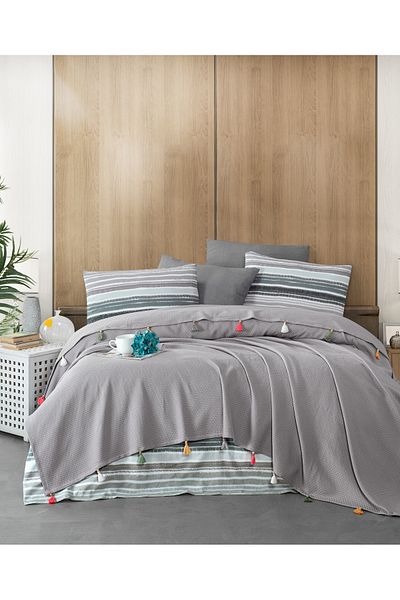 Beğenal Valeria Tassel Gray Colored Double Tasseled Pique Set