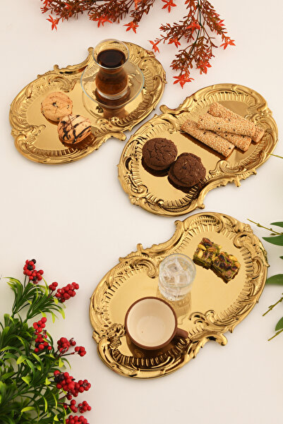 AKSESUAR EVRENİ Silen Paslanmaz Bulut Model Sunum Tepsisi Gold 3 Lü Takım