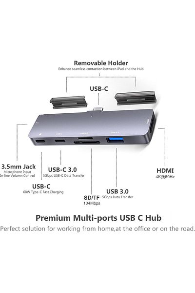 fulina محول موزع USB-C 7 في 1، محمول، يوفر توصيل الطاقة USB-C يسمح بالشحن في اتجاهين