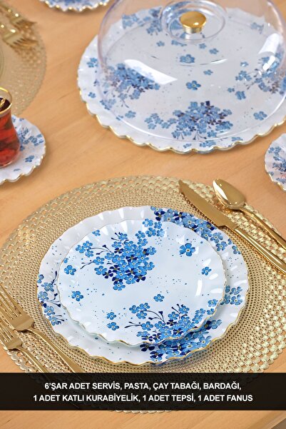 Glore Safir Altın Yaldızlı 6 Kişilik 28 Parça Pasta Çay Servis Takımı