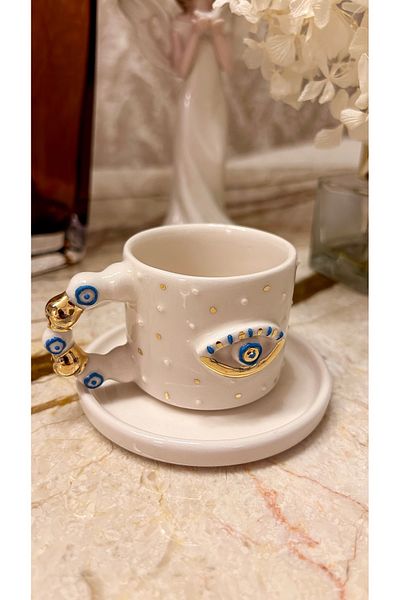 Port Aksesuar White Twist Handle Evil Eye Designed 24K Gold Decorated Handmade Ceramic Cup Set 120 ml