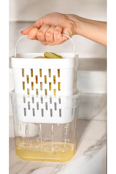 Buclee Set of 2 Rectangular Storage Containers with Drainer - Pickle Holder, Olive Holder, Multi-Purpose (2 X 2Lt)