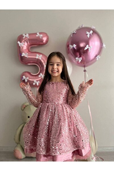 Sare Çocuk Giyim Kız Çocuk Pudra Pembe Sıvama Boncuk Tül Doğum Günü Parti Elb...