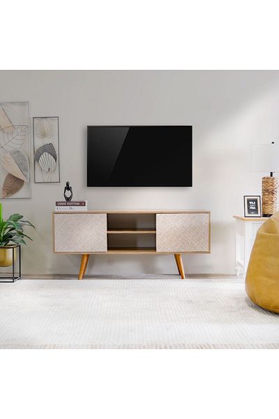 Danube Home رف تلفزيون نيرون حتى ٥٥ بوصة - لون اللوز/الروطان، الطول ١٣٦ سم × العرض ٣٣ سم × الارتفاع ٦٠ سم