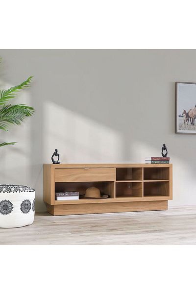 Danube Home رف تلفزيون أزرق للأجهزة حتى 65 بوصة مع مساحة تخزين - طبيعي، الطول 160 سم × العرض 40 سم × الارتفاع 60 سم