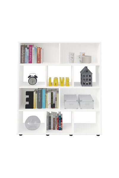 pilati Modern Wooden Bookshelf Organizer and Decorative Holder for Living Room and Home, White, 109x91x25